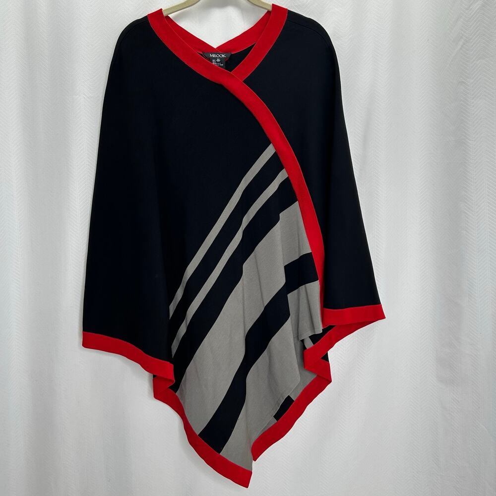 Misook black knit poncho red gray